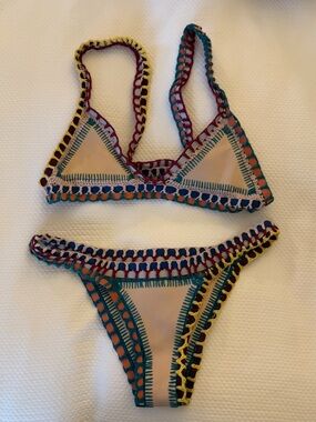 KIINI Light Pink Bikini Top with Teal, Navy and Burgundy Crochet